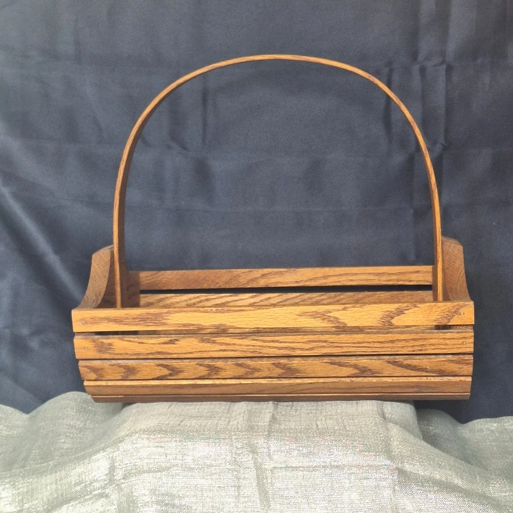 Vintage Oak Wood Slat Basket Tote Trug MCM Bentwood Arch Handle Cross Plains WI